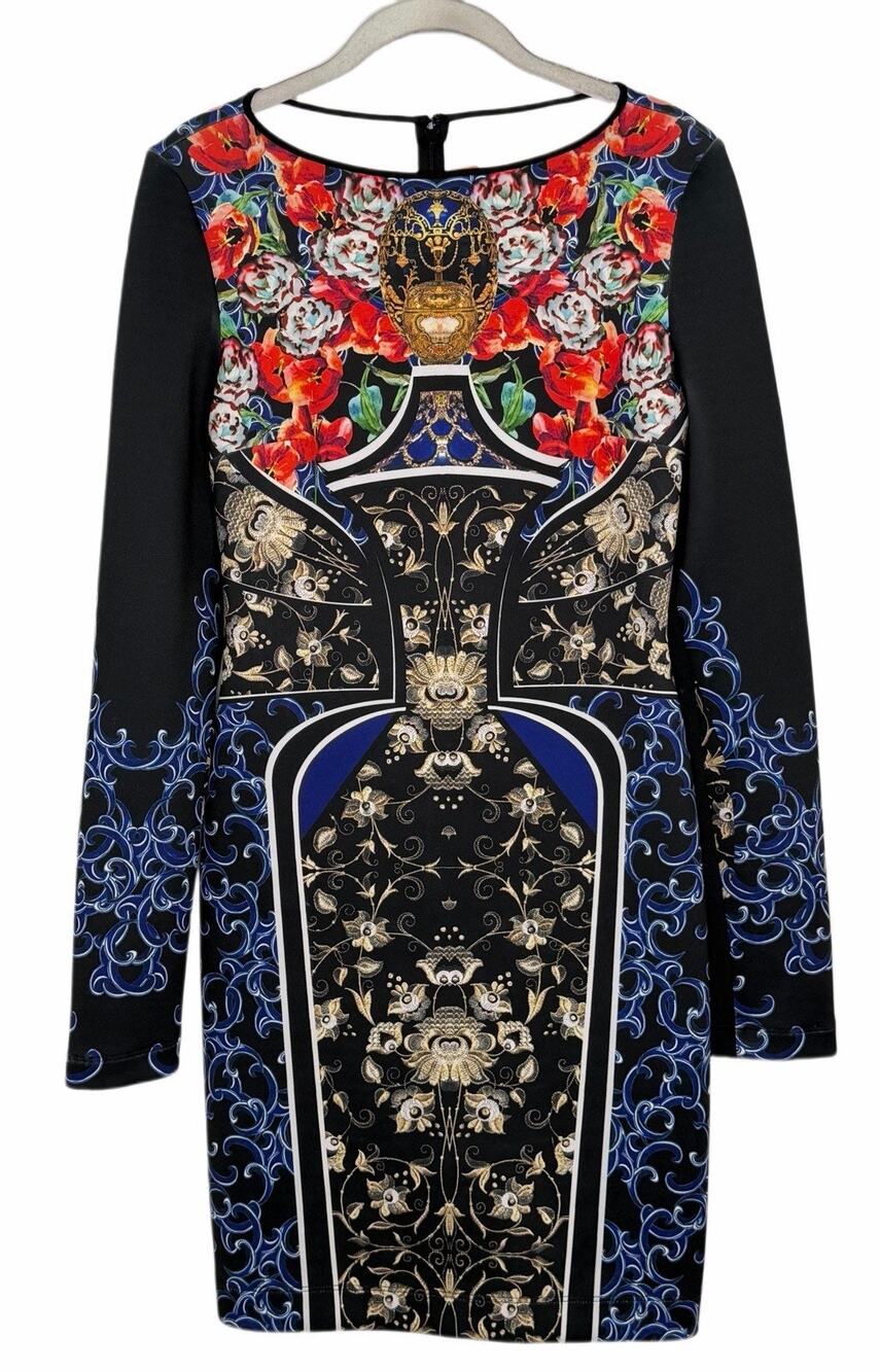 Clover Canyon Sheath Black Blue Red Floral Paisley Long Sleeve Dress Size M